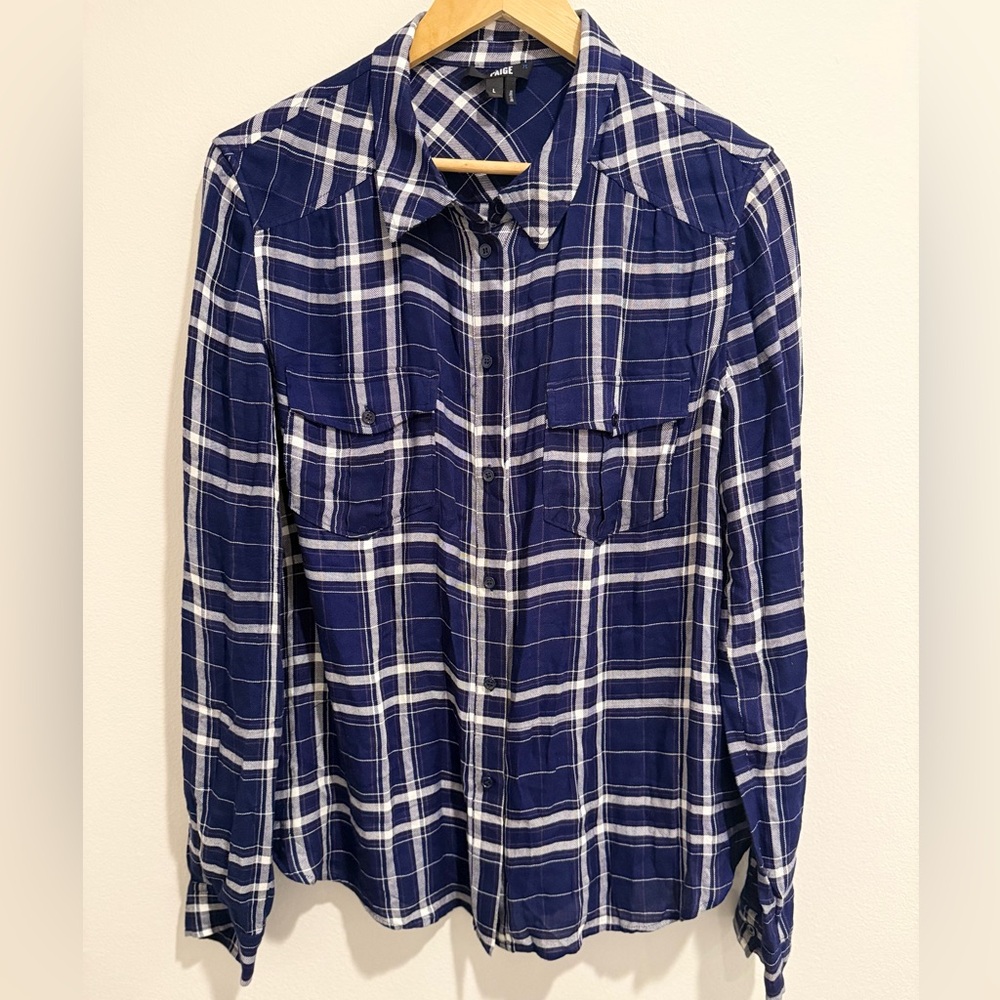 Paige Women’s Plaid Button Down Shirt Top – Size Large – Blue White